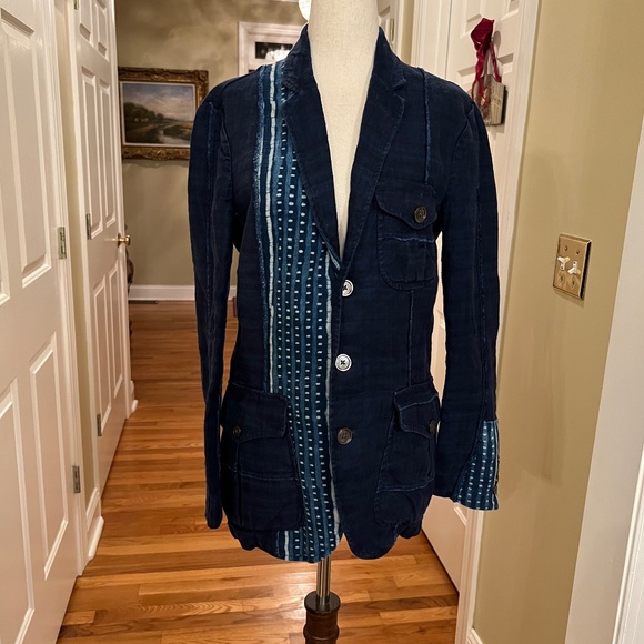 $498 Polo Ralph Lauren Indigo Linen Tie Dye Boho Patchwork Blazer Jacket Size 0 - Picture 4 of 7